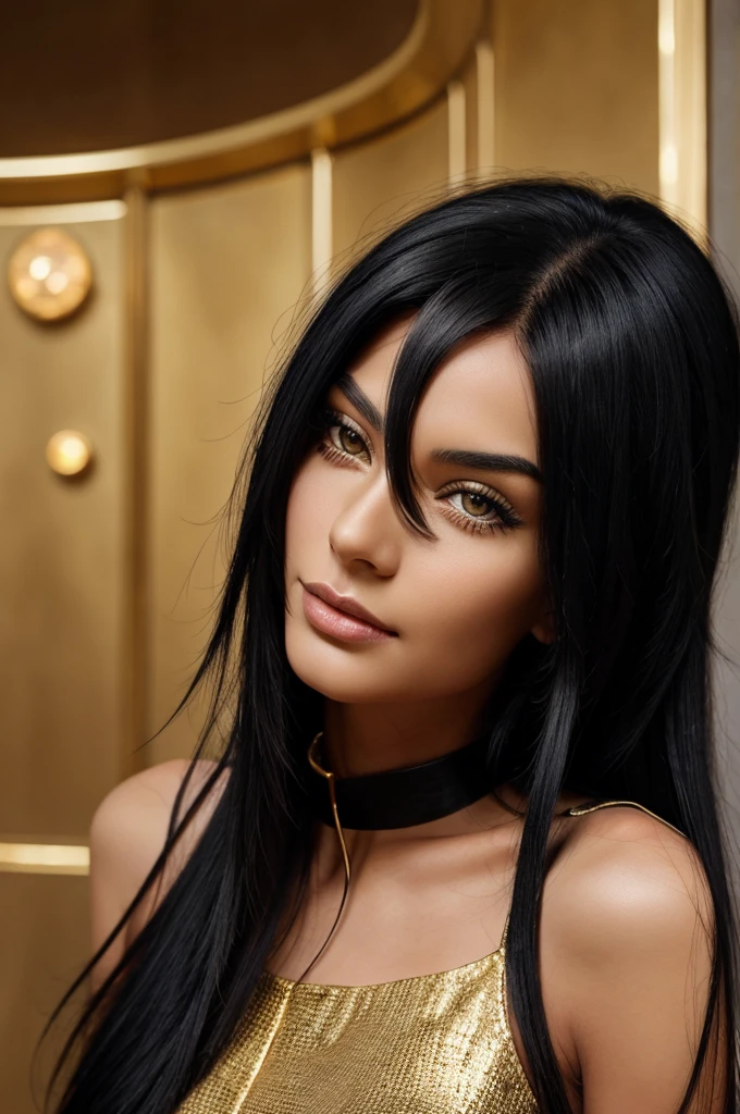Women with black hairs like archetype earth and golden eyes 