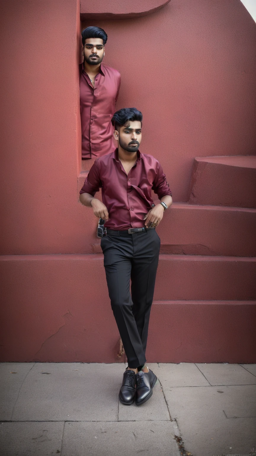 there is a man standing on a sidewalk in front of a large sculpture, candid picture, very artistic pose, full body photogenic shot, taken with sony alpha 9, with accurate face, with a cool pose, candid photo, stylish pose, full body photgraph, jayison devadas style, inspired by Saurabh Jethani, shot on nikon z9 maroon shirt 