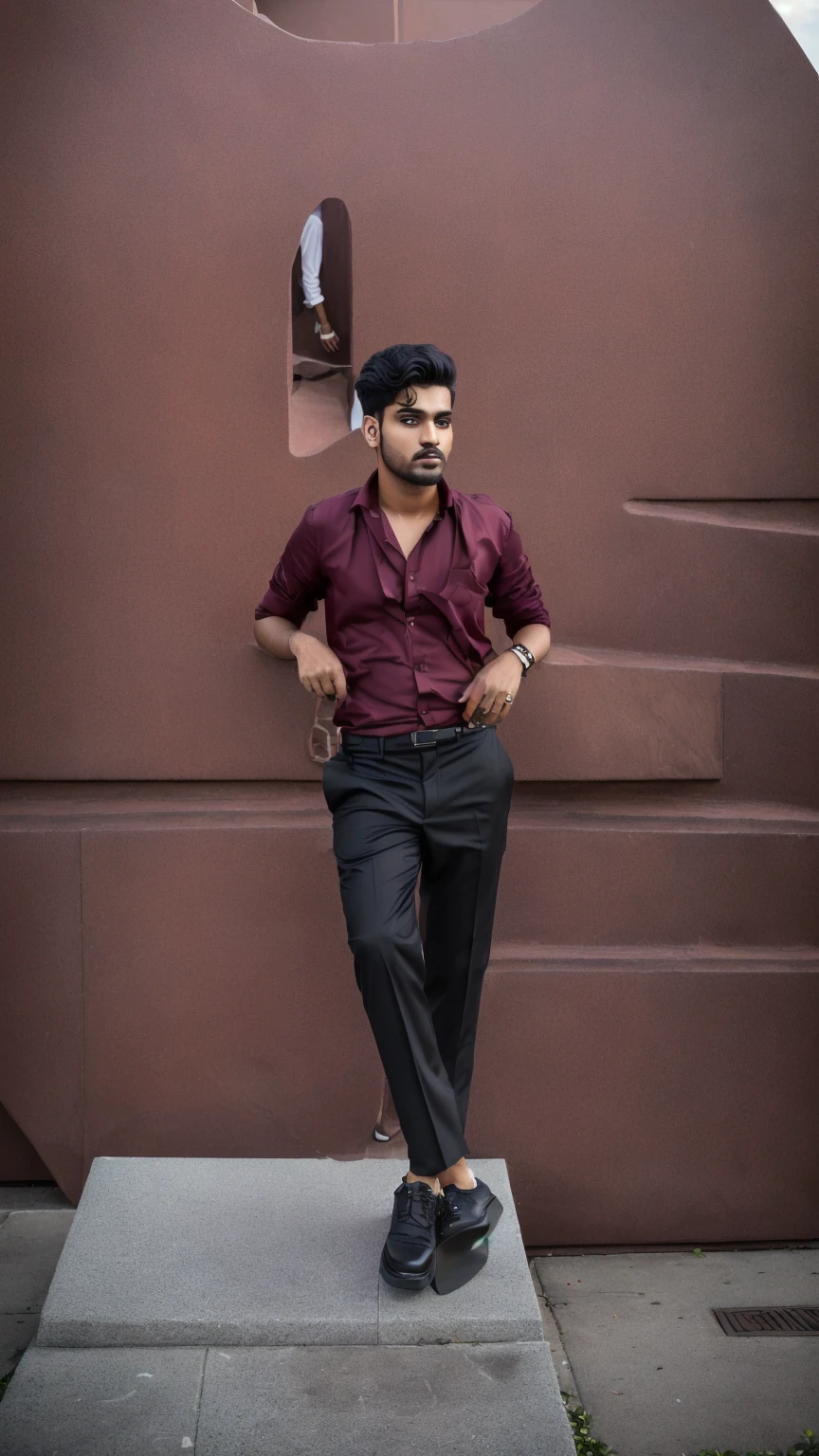 there is a man standing on a sidewalk in front of a large sculpture, candid picture, very artistic pose, full body photogenic shot, taken with sony alpha 9, with accurate face, with a cool pose, candid photo, stylish pose, full body photgraph, jayison devadas style, inspired by Saurabh Jethani, shot on nikon z9 maroon shirt