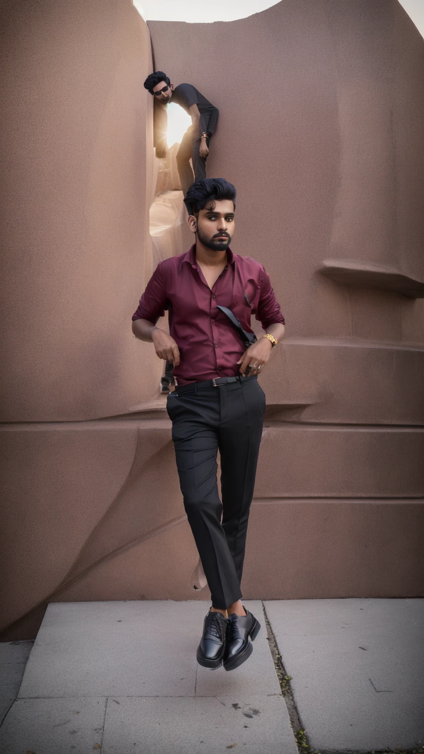 there is a man standing on a sidewalk in front of a large sculpture, candid picture, very artistic pose, full body photogenic shot, taken with sony alpha 9, with accurate face, with a cool pose, candid photo, stylish pose, full body photgraph, jayison devadas style, inspired by Saurabh Jethani, shot on nikon z9 maroon shirt 