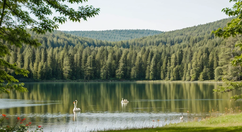 ((Best Quality)), forest/ cottagecore park next to a lake with swans and many flowers in ( horizontal image) that you can see more grass and from afar the lake THAT there are swans