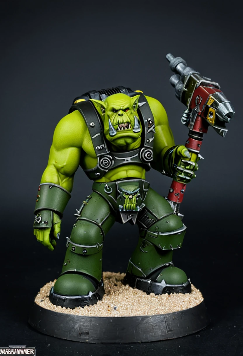 (painted warhammer 40k miniature:1.6), (warhammer40K_ork), ork warrior, ork, an ork, orc themed, bald orc mechanic, orc male, warhammer 40k, warhammer model