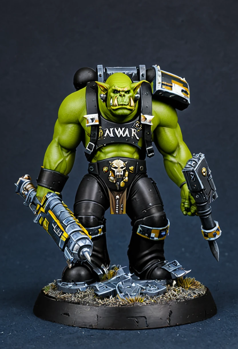 (painted warhammer 40k miniature:1.6), (warhammer40K_ork), ork warrior, ork, an ork, orc themed, bald orc mechanic, orc male, warhammer 40k, warhammer model