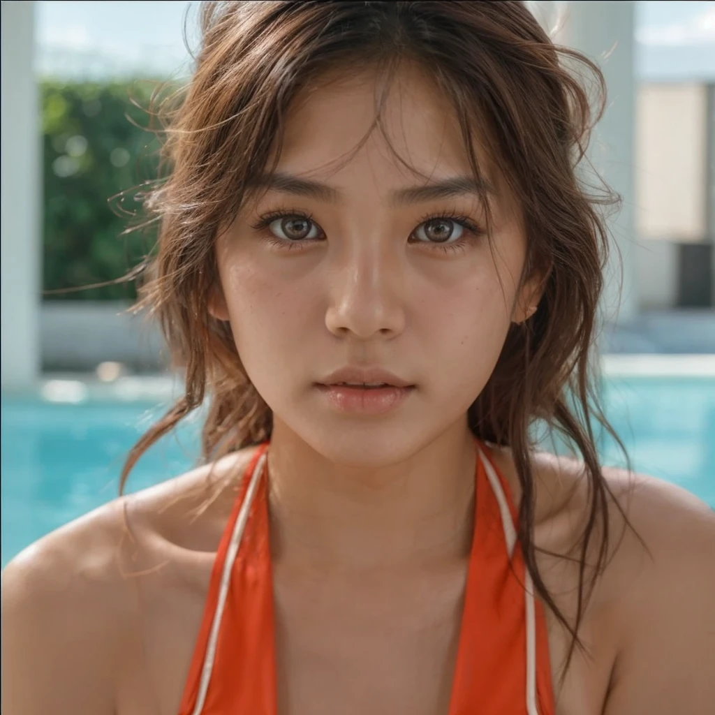 cute asian girl, innocent look, 18 years old girl, professional photo of a women (wearing sexy lingerie:1.2),( focus on face, shallow focus:1.2), head and shoulders portrait, 4k, natural lighting, film grain