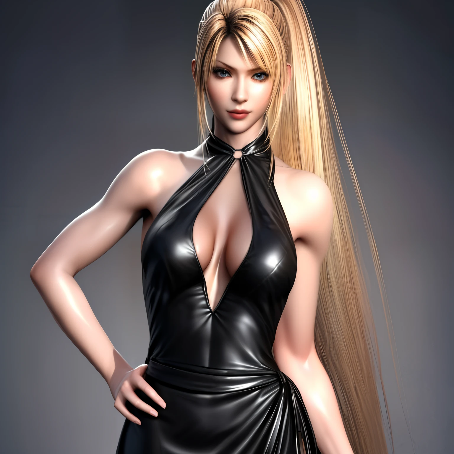 Sarah, very long hair, (black dress:1.6), cowboy shot, (upper bov((medium breasts:1.3)), high ponytail, (biceps:0.7), (arms exposed:1.3), (shoulders exposed:1.3), (wide face:1.6), BREAK masterpiece, 1 girl, RAW photo, (best quality:1.2), extremely delicate beautiful, very detailed, 2k wallpaper, amazing, fine details, (upper body:1.7), extremely detailed CG Unity 8k wallpaper, super detailed, high resolution, (beautiful detailed girl:1.2), perfect anatomy), (Realistic, Photorealistic:1.0), (thin nose:1.2), hands on hips