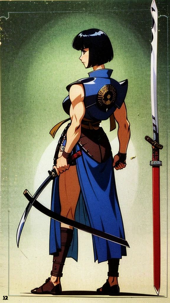 a strong and tall woman short-headed black swordsman wearing samurai armor from the front and back with a sword with the blade broken in half