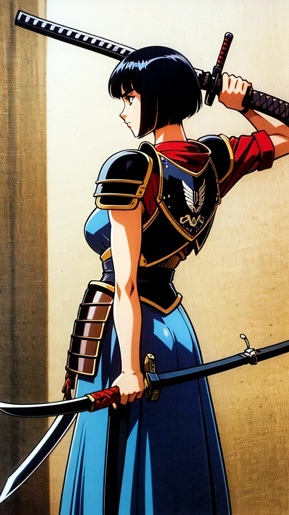 a strong and tall woman short-headed black swordsman wearing samurai armor from the front and back with a sword with the blade broken in half