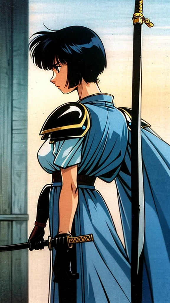 a strong and tall woman short-headed black swordsman wearing samurai armor from the front and back with a sword with the blade broken in half