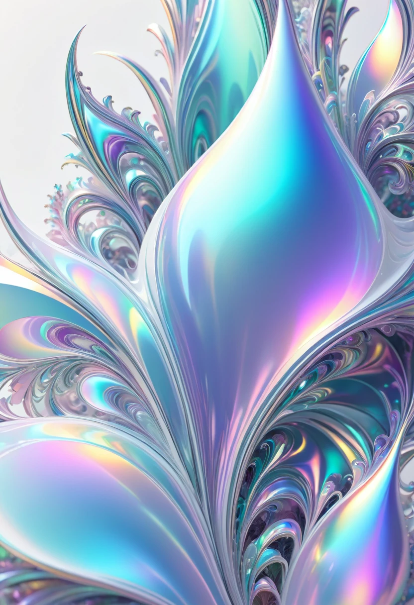 a set of iridescent 3d shapes,soft holographic style,white background,pastel color palette,detailed geometry,abstract futuristic,complex fractal patterns,glowing translucent forms,dynamic lighting effects,ethereal atmosphere,dreamlike surreal,best quality,8k,highres,masterpiece,ultra-detailed,realistic,photo-realistic