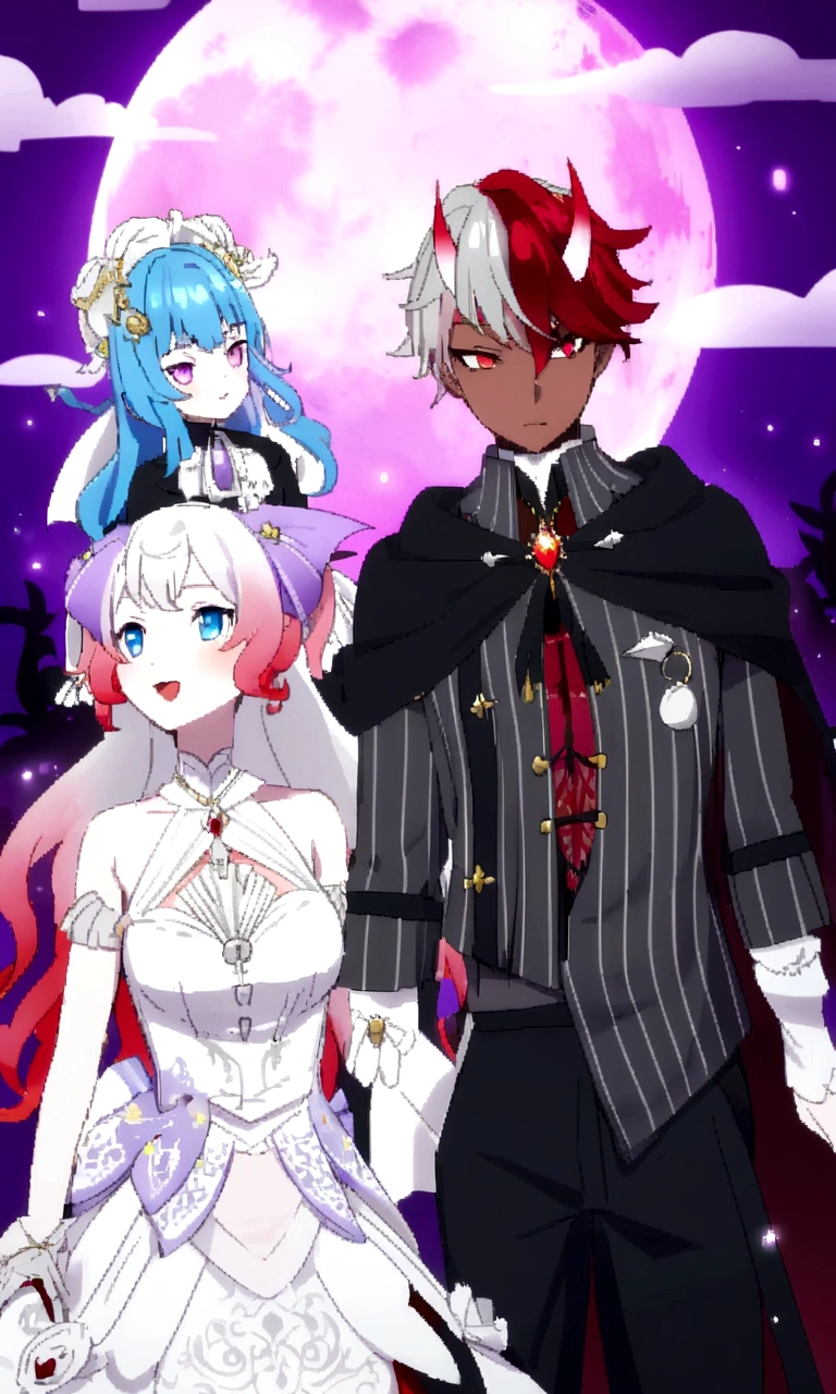 anime characters dressed in costumes standing in front of a full moon, dapper dream demon, wearing fantasy formal clothing, lunar themed attire, ((wearing aristocrat robe)), my dress up darling anime, stylized anime, vampire fashion, wearing fancy clothes, anime vampires, crimson themed, fancy clothes, astral witch clothes, inspired gacha club game, ornate attire