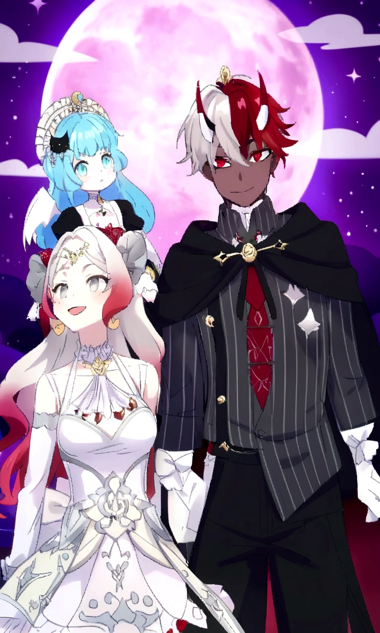 anime characters dressed in costumes standing in front of a full moon, dapper dream demon, wearing fantasy formal clothing, lunar themed attire, ((wearing aristocrat robe)), my dress up darling anime, stylized anime, vampire fashion, wearing fancy clothes, anime vampires, crimson themed, fancy clothes, astral witch clothes, inspired gacha club game, ornate attire