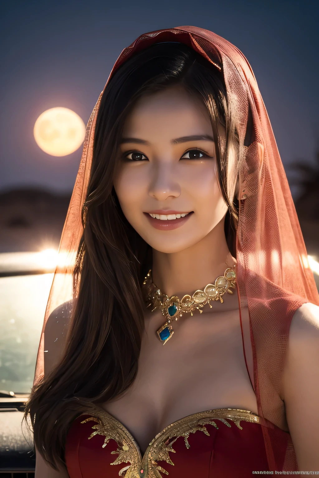 1 Girl, (Wear a bright red Arabian Nights-style costume:1.2), (Veil), Very beautiful Japanese idol portraits, 
(RAW Photos, Highest quality), (Realistic, Realistic:1.4), (masterpiece), 
Very delicate and beautiful, Very detailed, 2k wallpaper, wonderful, finely, Very detailed CG Unity 8K wallpaper, Very detailed, High resolution, Soft Light, 
Beautiful detailed girl, Very detailed目と顔, Beautiful and sophisticated nose, Beautiful and beautiful eyes, Cinema Lighting, 
(Moonlit night in the Sahara:1.3), (Big Moon), (Sand Dunes), (Sit on the hood of a car:1.3), (whole body), (Transmits light), (Dark screen:1.5), (Hair and outfits fluttering in the wind), 
(Medium Hair), (whole body), 
Complete Anatomy, Slender body, Small breasts, smile, happiness, (teeth)