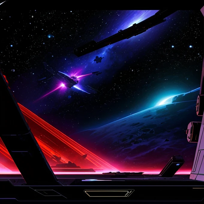 An abandoned  wrecked space  sci-fi frigate hauler floating in colorful space. A red light is shown, another small ship is in the foreground observeing 