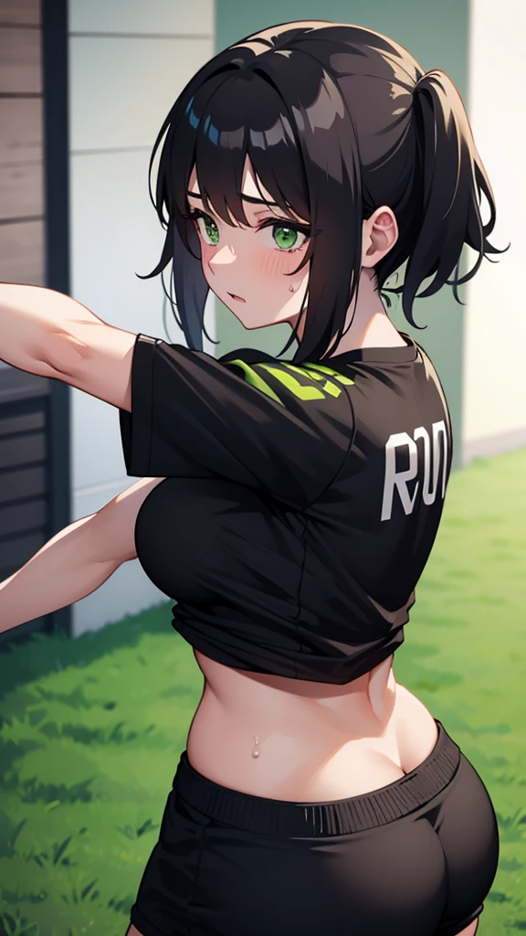 Big butt and busty girl with sports top with defined abs sweating , short black hair, green eyes , ropa negra, chico apretando sus tetas