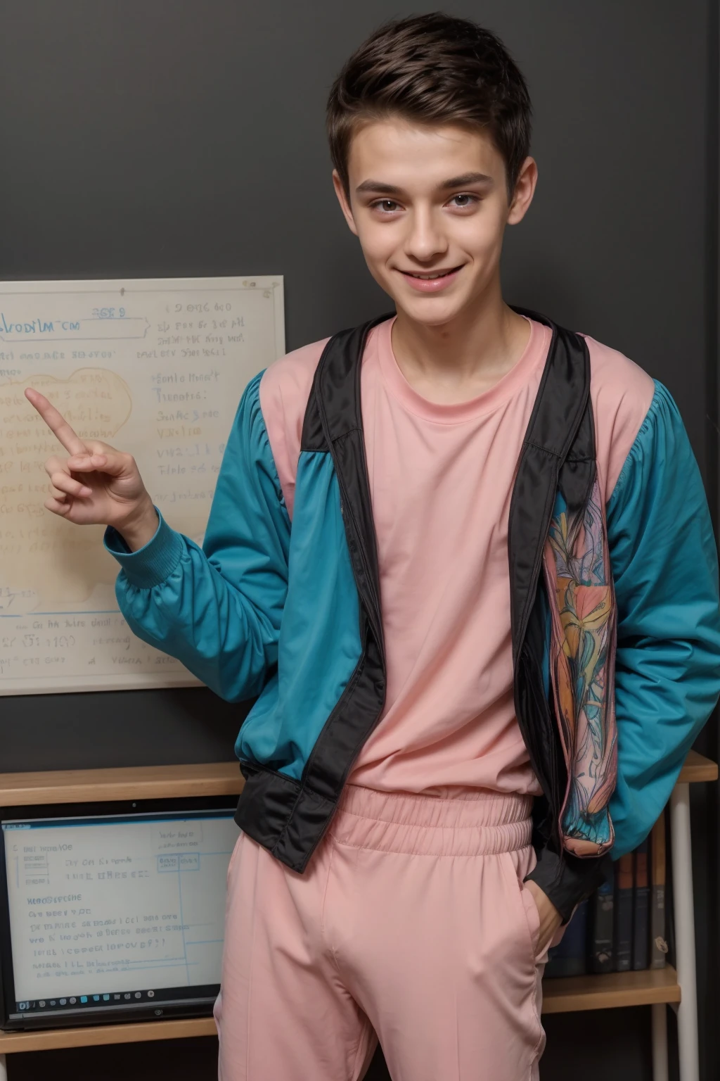 A beautiful young twink, cute male, with black hair and a face with makeup. He is wearing a bright pink long-sleeved shirt and tight aqua blue pants. He is in his graduation speech, talking enthusiastically about calculus. Behind him is a blackboard with calculus written on it, looking proudly.