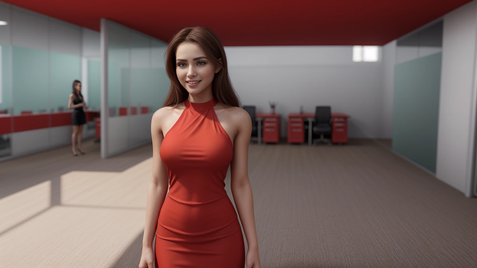 customer service girl, 8k, masterpiece, RAW photo, best quality, photorealistic, extremely detailed CG unity 8k wallpaper, Depth of field, Cinematic Light, Lens Flare, Ray tracing, (extremely beautiful face, beautiful lips, beautiful eyes), intricate detail face, ((ultra detailed skin)), ((1girl:1.9)), ((standing alone:1.9)), ((19years old)), (beautiful and aesthetic:1.2), (big smile:1.2), deep shadow, (sharp focus), [((Raiana-Elizabeth-Dilla:1.9))], pretty girl, (very slim slender fit-muscled body:1.9), (((business-style fashion:1.9))), (((modern office background:1.9))), (shiny skin), clear eyes, (pale skin), ((whole-body-view:1.9)), ((full-body:1.9, cinematic shot)), soft lighting, (flowing dark-black hair), (looking at viewer:1.9),highly detailed, ultra realistic, extremely detailed and realistic ((red:1.5)) clothes.