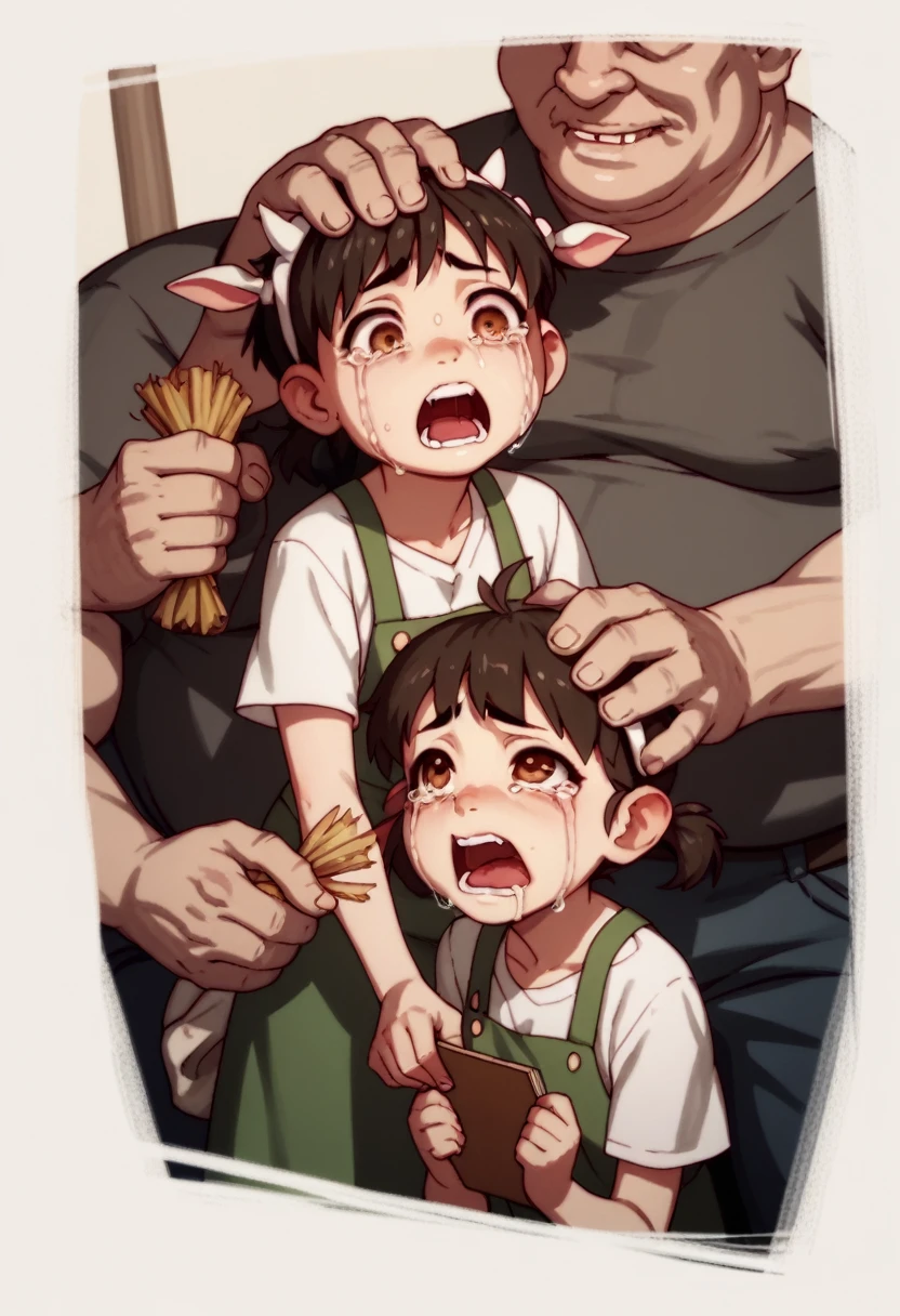 a young girl crying, getting transforemd into a fat thicc cows, ugly bastard grapping her hair