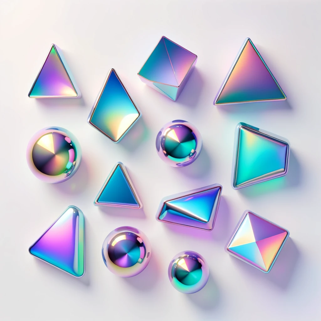a set of iridescent 3d shapes in soft holographic style on a white background, in a light color palette