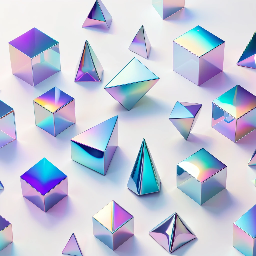 a set of iridescent 3d shapes in soft holographic style on a white background, in a light color palette