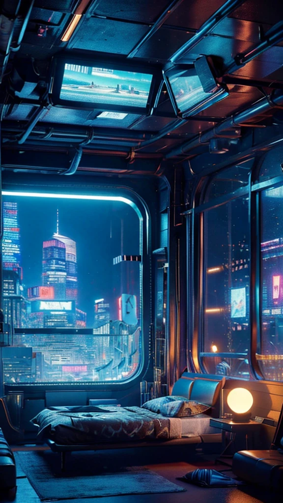 ((masterpiece)), (ultra-detailed), (intricate details), (high resolution CGI artwork 8k), Create an image of a retro futuristic cyberpunk bedroom. One of the walls should feature a big window with a busy, colorful, and detailed cyberpunk cityscape. Futuristic style with lots of colors and LED lights. The cityscape should be extremely detailed with depth of field. Utilize atmospheric lighting to create depth and evoke the feel of a busy futuristic city outside the window. Pay close attention to face details like intricate, hires eyes and bedroom accents. Camera: wide shot showing the room and the window. The window should be the focal point of the image. Lighting: use atmospheric and volumetric lighting to enhance the cityscape details. The room should be illuminated by the neon lights from the cityscape.