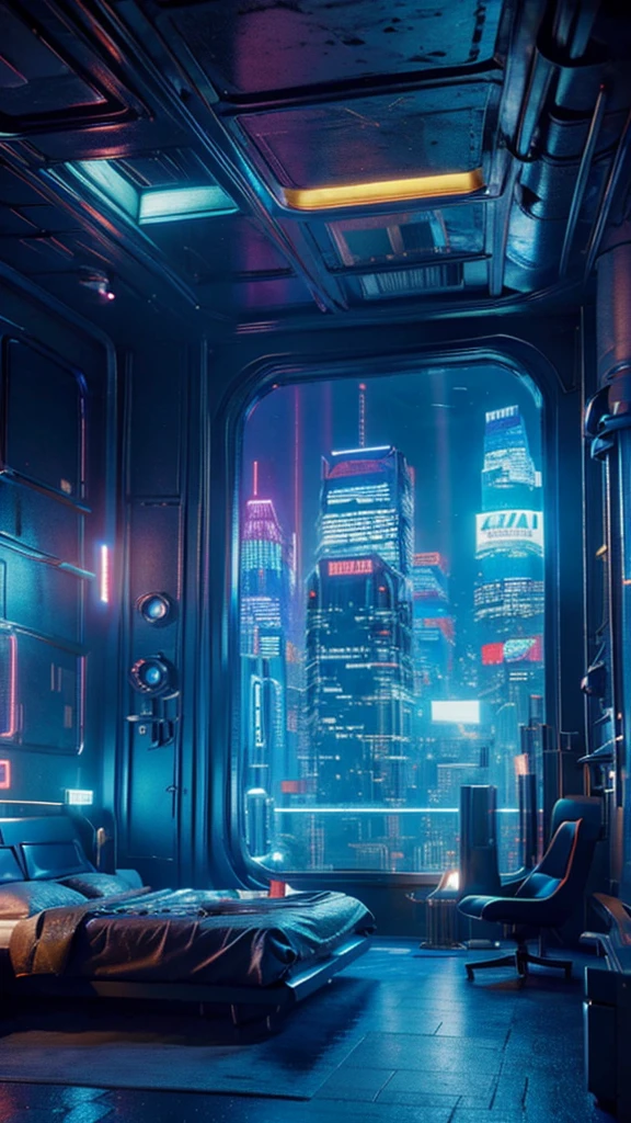 ((masterpiece)), (ultra-detailed), (intricate details), (high resolution CGI artwork 8k), Create an image of a retro futuristic cyberpunk bedroom. One of the walls should feature a big window with a busy, colorful, and detailed cyberpunk cityscape. Futuristic style with lots of colors and LED lights. The cityscape should be extremely detailed with depth of field. Utilize atmospheric lighting to create depth and evoke the feel of a busy futuristic city outside the window. Pay close attention to face details like intricate, hires eyes and bedroom accents. Camera: wide shot showing the room and the window. The window should be the focal point of the image. Lighting: use atmospheric and volumetric lighting to enhance the cityscape details. The room should be illuminated by the neon lights from the cityscape.