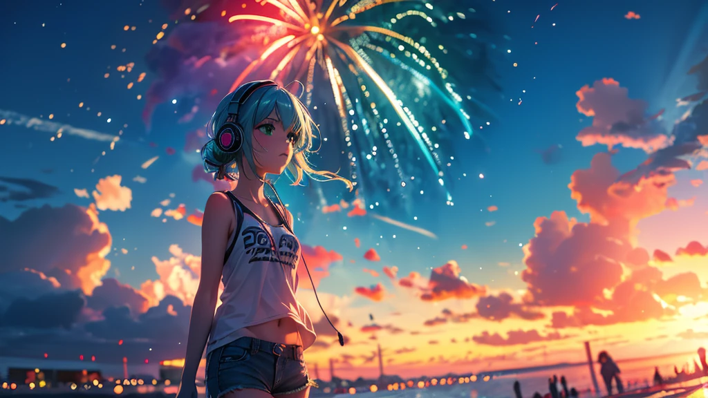 Highest quality,Ultra-high resolution,One girl,alone,whole body,summer, Blue Hair,Green Eyes,Emotional,Headphones,Fireworks are set off