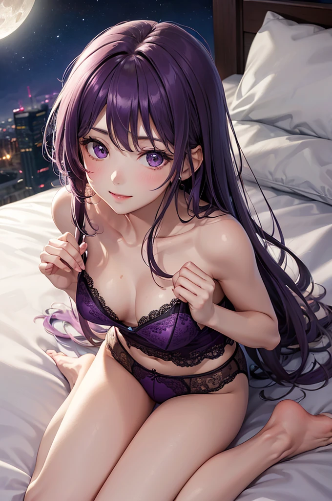 (Best Quality,High resolution,8K,finelity detailed background,Masterpiece:1.2),beautiful girl,Shiny purple hair,messy hair,Purple Eyes,Gentle look,A refreshing look,Best quality,Best Quality,Aesthetic and aesthetic:1.2,Best details((Super detailed))(High-definition CG illustrations),Purple underwear (purple,intricate lace),Slender body,Late Night,Moonlit Night,Bedroom,On the bed,smile,blush,cute,Scrounge,Looking up,Being spoiled,super model,wariza,shoot from above