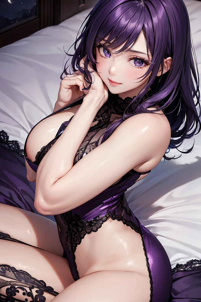 (Best Quality,High resolution,8K,finelity detailed background,Masterpiece:1.2),beautiful girl,Shiny purple hair,messy hair,Purple Eyes,Gentle look,A refreshing look,Best quality,Best Quality,Aesthetic and aesthetic:1.2,Best details((Super detailed))(High-definition CG illustrations),Purple underwear (purple,intricate lace),Slender body,Late Night,Moonlit Night,Bedroom,On the bed,smile,blush,cute,Scrounge,Looking up,Being spoiled,super model,wariza,shoot from above