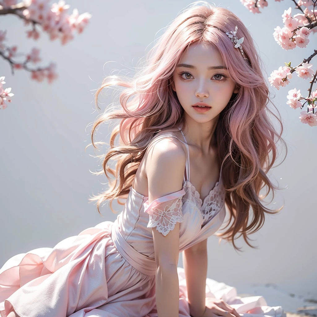 Light pink hair, pink eyes, pink and white, sakura leafs, vivid colors, white dress, paint splash, simple background, ray tracing, wavy hair
