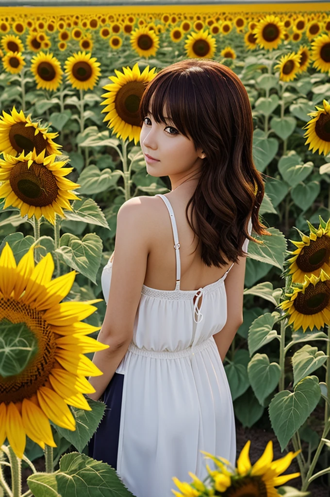 Anime style woman in sunflower field