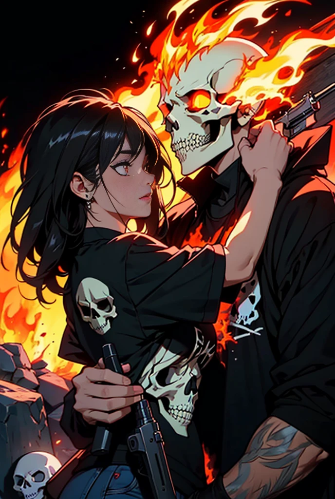 skull, fire, gun, illustration, logo, black background, bold outline, jagged edges, trashcore, light shading, close up, skull with flames, flaming skull, fiery skull, skull design, rock band, flame, flaming grim reaper, heavy metal art, ghost rider, heavy metal t-shirt, profile pic, phone wallpaper