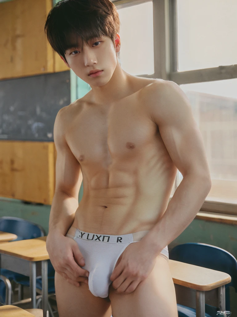 2 persons, 18 year old, muscular man, korean, topless, wearing white jockstrap, sexy, soft light, Masterpiece, best quality, photo realistic, Zoom in for a close-up, classroom.