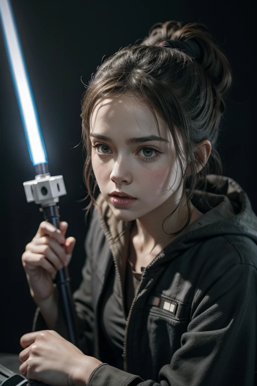 A skinny fit 1 girl (young cute little girl), serios face, with a flat chest, detailed facial features, beautiful eyes and lips, long eyelashes, dark side Jedi outfit, holding lightsaber, on blurred dark background, cinematic lighting, high quality, hyperrealistic, photorealistic, 8k