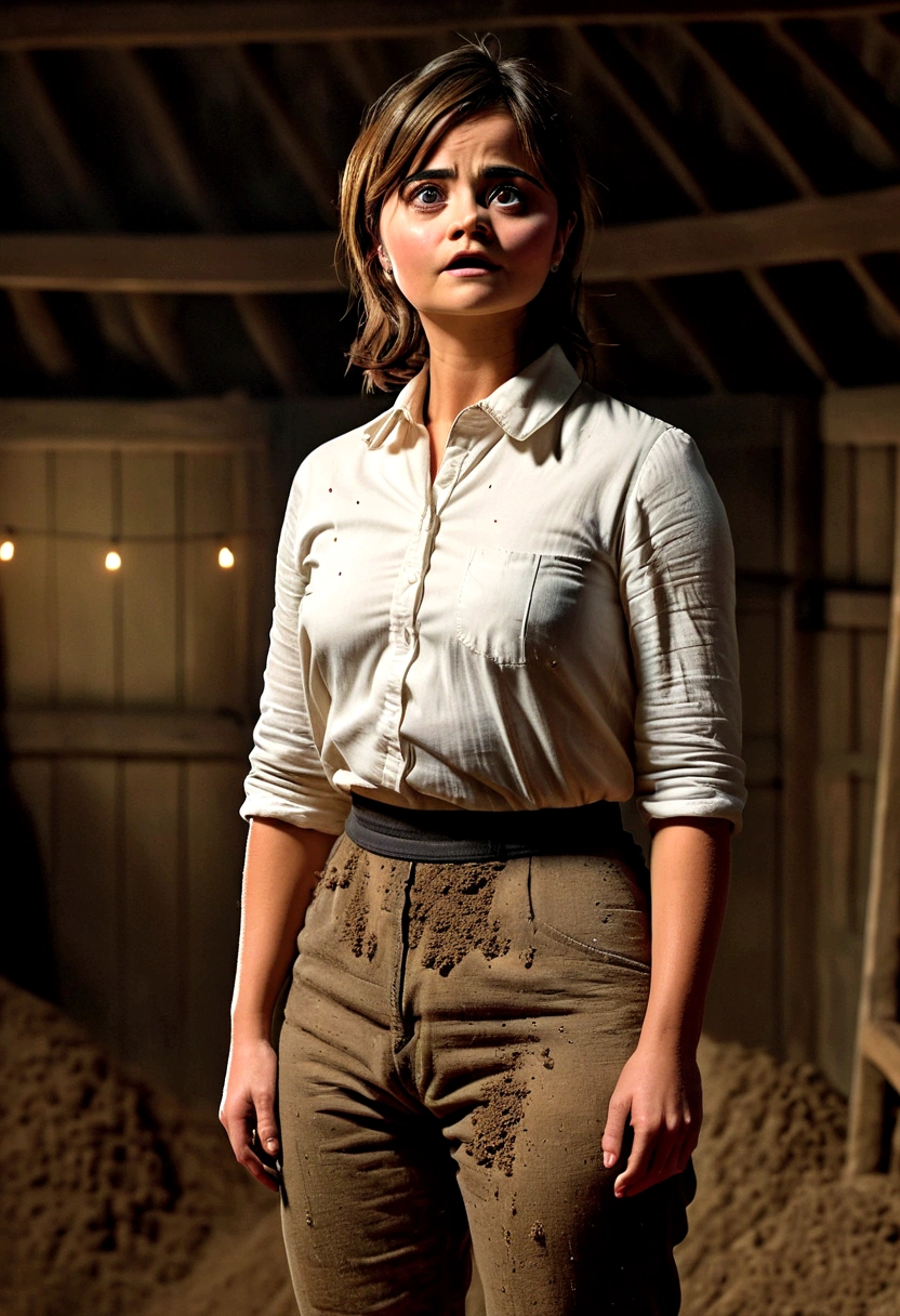 ((Jenna Coleman)), (very slender figure), stands in the hayloft, ((helpless)), ((sad)), ((tears in the eyes))), (small head), ((small_breasts)), ((cotton panties)), (((belly-free shirt)), ((covered by dirt)), ((detailed realistic face and eyes)), cinematic lighting, 8K resolution, ((small round butt)), ((perspective from behind))