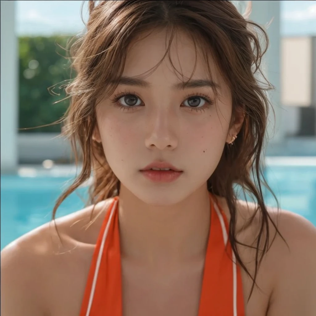 cute asian girl, innocent look, 18 years old girl, professional photo of a women (wearing sexy lingerie:1.2),( focus on face, shallow focus:1.2), head and shoulders portrait, 4k, natural lighting, film grain