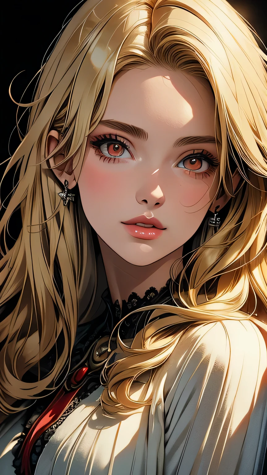 Beautiful woman, blonde hair, red eyes, natural perfect breast, cleavage, highly detailed, hazy background,, vintage, dark fantasy,