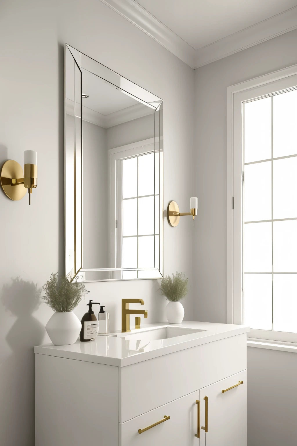 ((best qualityer)), ((work of art)), (detailded), 3D small simple bathroom, white quartzite , white quartz sink, beige bathroom, flowering plants decoration, mirror with lights, glass shelf on the wall with moisturizer , bar soap and liquid soap, with small electric sink stove, front image