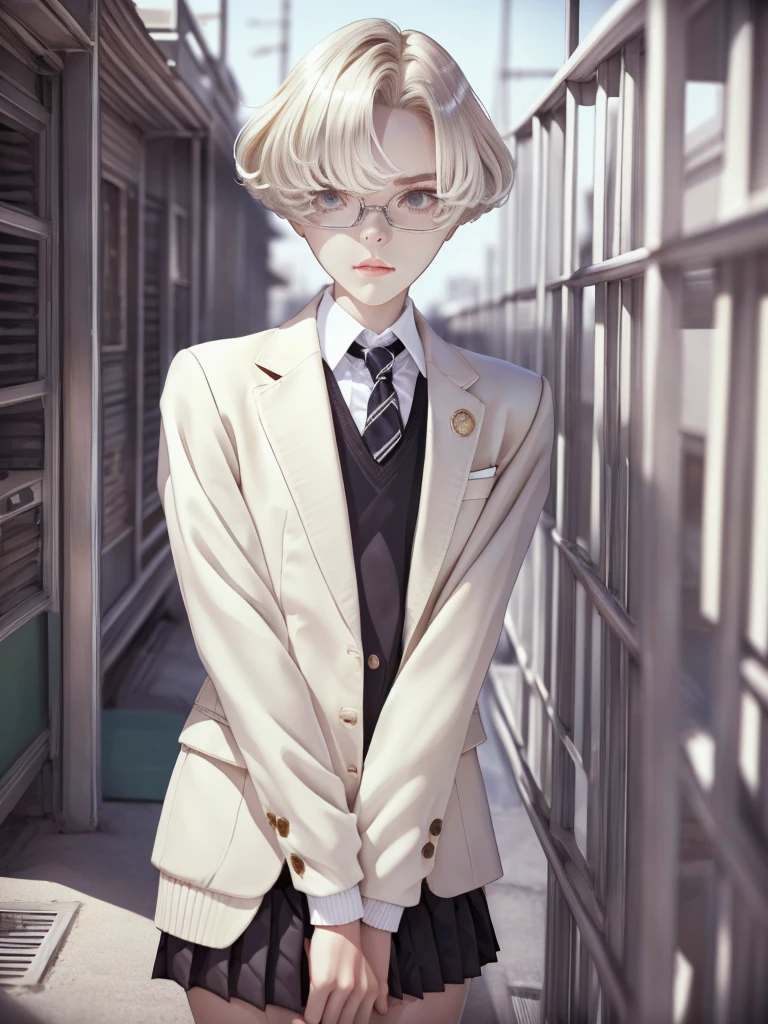 1girl, elegant bearing, small, slender build, short height, pale skin dotted by light freckles, short platinum blonde hair, (((feathered hair))), (((boyish hair))), (dark green eyes), silver glasses, cute facial features with an underlying elegance, thin lips, small breasts, 15 years old female, RAW photo, ((slim body: 1)), (HQ skin: 1.4), 8k uhd, dslr, soft light, high quality, ((school uniform, white clothes, gold accents, (looking at viewer:1.4)