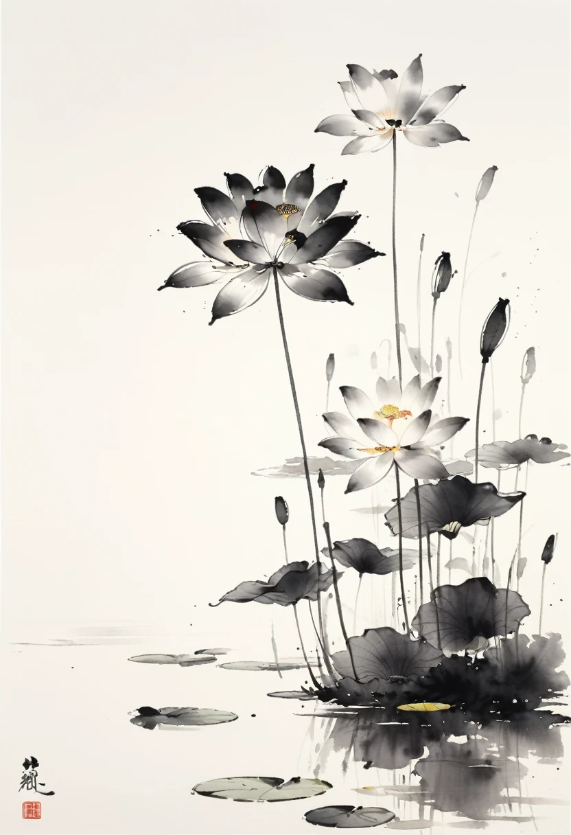 中国黑白Ink Painting,lotus, Water reflection, monochrome, Ink Painting, Artistic brushstrokes, Nature theme, Flower Arrangement, peaceful, grace, simple design, White space,