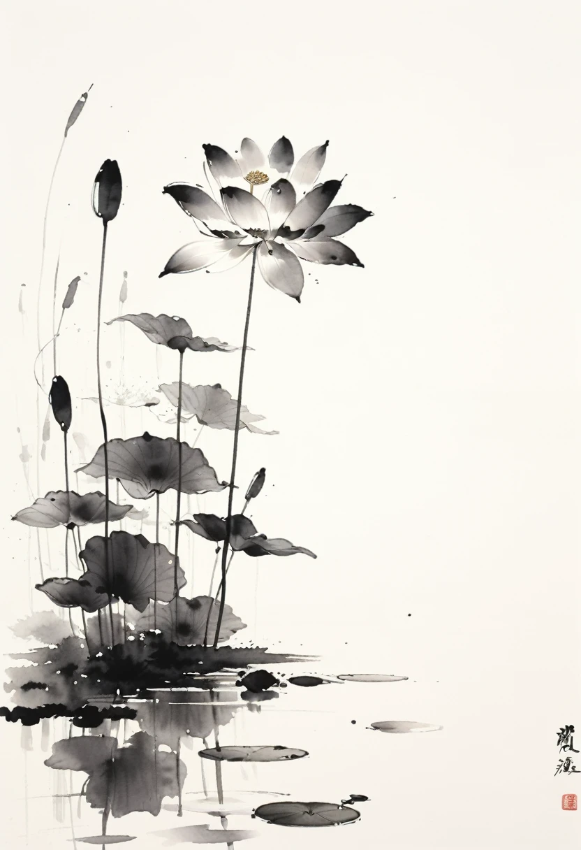 中国黑白Ink Painting,lotus, Water reflection, monochrome, Ink Painting, Artistic brushstrokes, Nature theme, Flower Arrangement, peaceful, grace, simple design, White space,