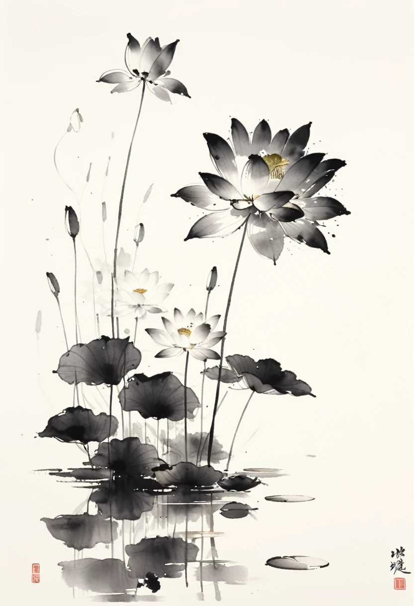 中国黑白Ink Painting,lotus, Water reflection, monochrome, Ink Painting, Artistic brushstrokes, Nature theme, Flower Arrangement, peaceful, grace, simple design, White space,