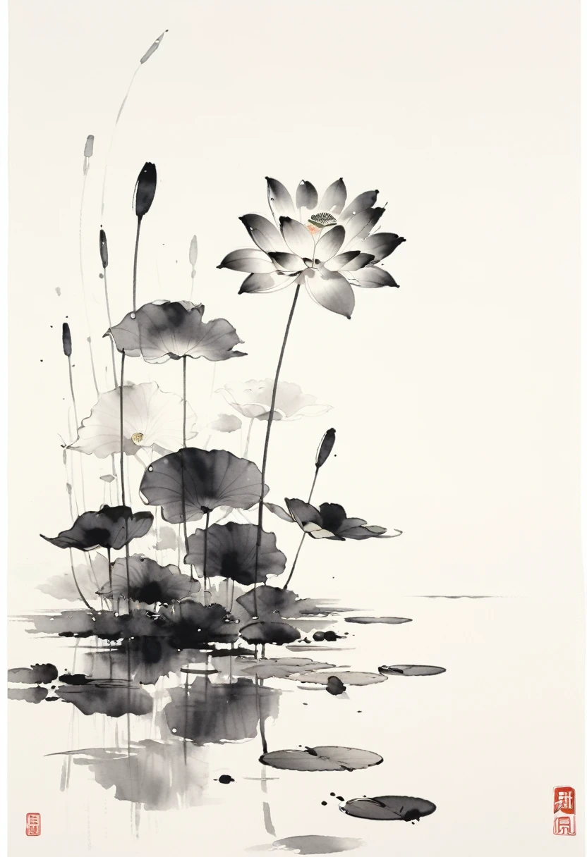 中国黑白Ink Painting,lotus, Water reflection, monochrome, Ink Painting, Artistic brushstrokes, Nature theme, Flower Arrangement, peaceful, grace, simple design, White space,