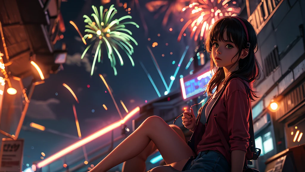 Highest quality,Ultra-high resolution,One girl,alone,whole body,summer, Shortcuts,Green Eyes,Emotional,Headphones,Fireworks are set off