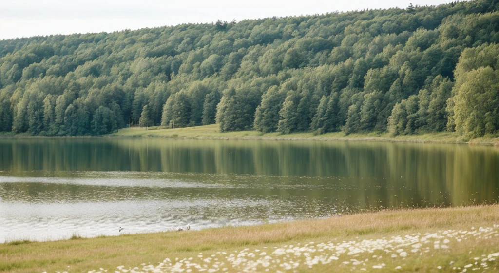 ((Best Quality)), forest/ cottagecore park next to a lake with swans and many flowers in ( horizontal image) that you can see more grass and the lake from afar THAT there are swans that there is more grass ahead, and BEHIND is the lake and swans, a little more grass ahead


