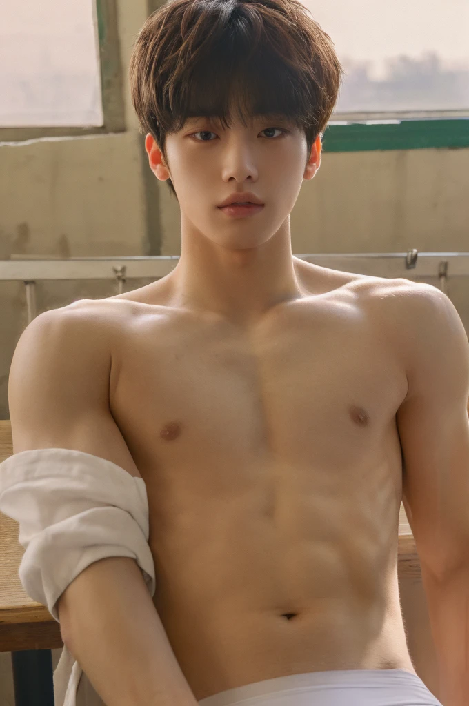 2 persons, 18 year old, muscular man, korean, topless, wearing white jockstrap, sexy, soft light, Masterpiece, best quality, photo realistic, Zoom in for a close-up, classroom.