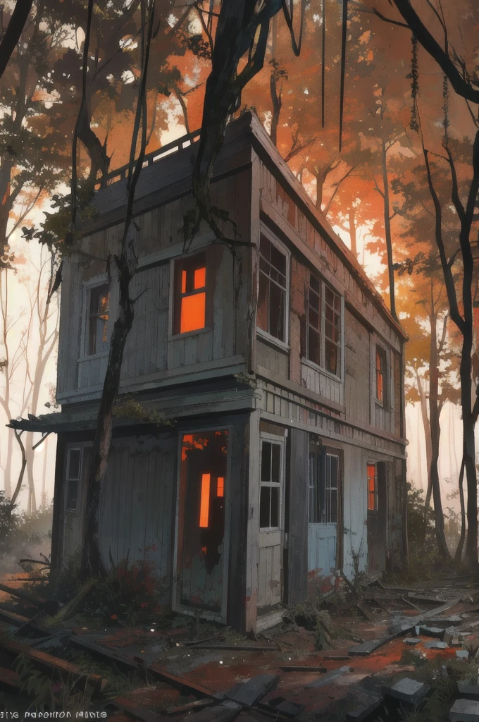 derelict house, half destroyed and neglected, in the middle of a forest at night, with dry trees without leaves, a slight orange lighting, horror scene.