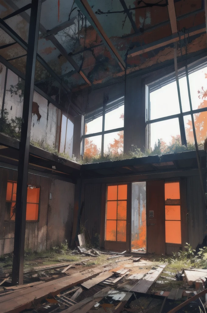 derelict house, half destroyed and neglected, in the middle of a forest at night, with dry trees without leaves, a slight orange lighting, horror scene.