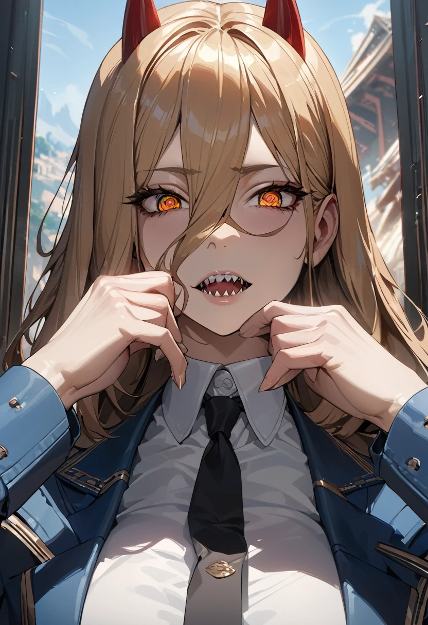 best quality, highest quality, masterpiece, ultra-detailed, hyper-detailed, award-winning, photorealistic background, cinematic lighting, trending on artstation, 8K wallpaper, extremely detailed, intricate, illustration, close-up portrait, powerdef, sharp teeth, cross-shaped pupils, blue jacket, long sleeves, white shirt, black necktie, torn jeans, Power from Chainsaw man, blonde hair,open clothes, thick thighs, perfect face, very deep eyes, detailed eyes, sidelight, high-resolution, intricate details, detailed fingers, beautiful face, Chainsaw man,