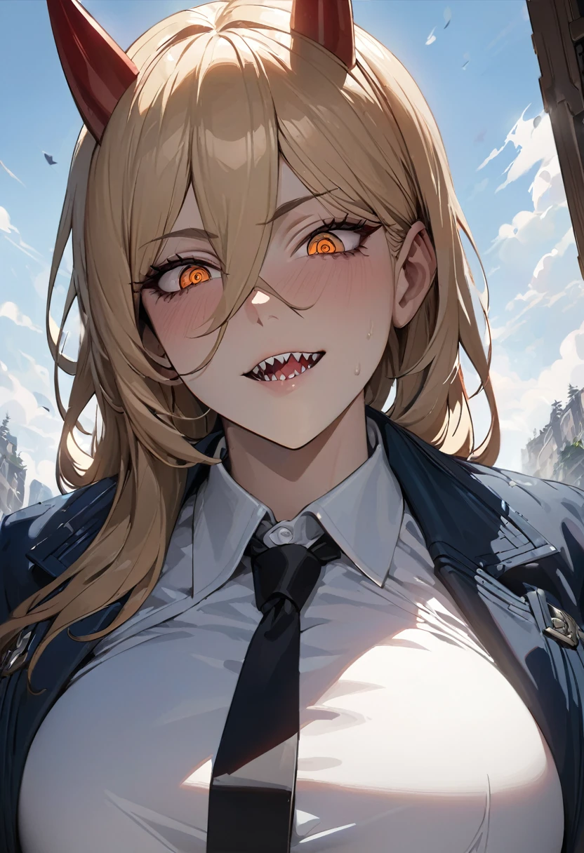 best quality, highest quality, masterpiece, ultra-detailed, hyper-detailed, award-winning, photorealistic background, cinematic lighting, trending on artstation, 8K wallpaper, extremely detailed, intricate, illustration, close-up portrait, powerdef, sharp teeth, cross-shaped pupils, blue jacket, long sleeves, white shirt, black necktie, torn jeans, Power from Chainsaw man, blonde hair,open clothes, thick thighs, perfect face, very deep eyes, detailed eyes, sidelight, high-resolution, intricate details, detailed fingers, beautiful face, Chainsaw man,