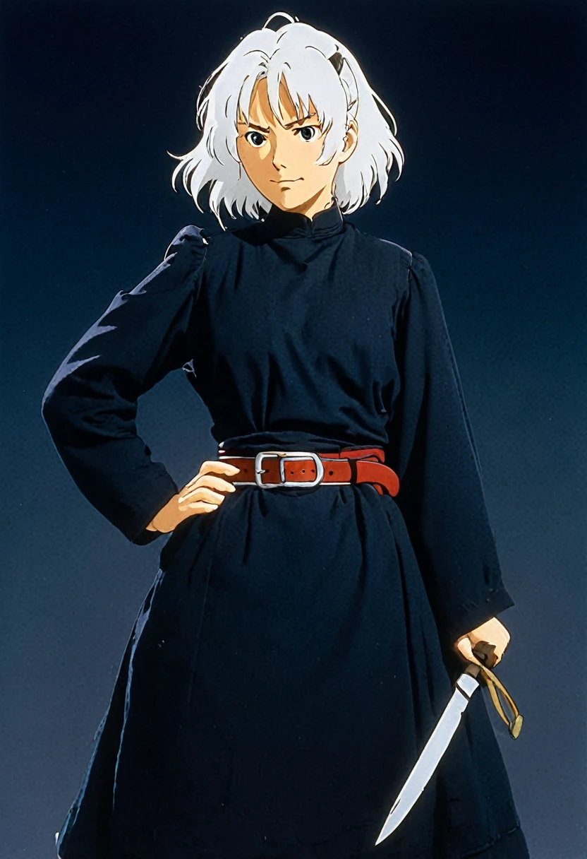 A Ghibli's studio character. With messy white hair and dark large clothes. Her belt is large and hold some knife